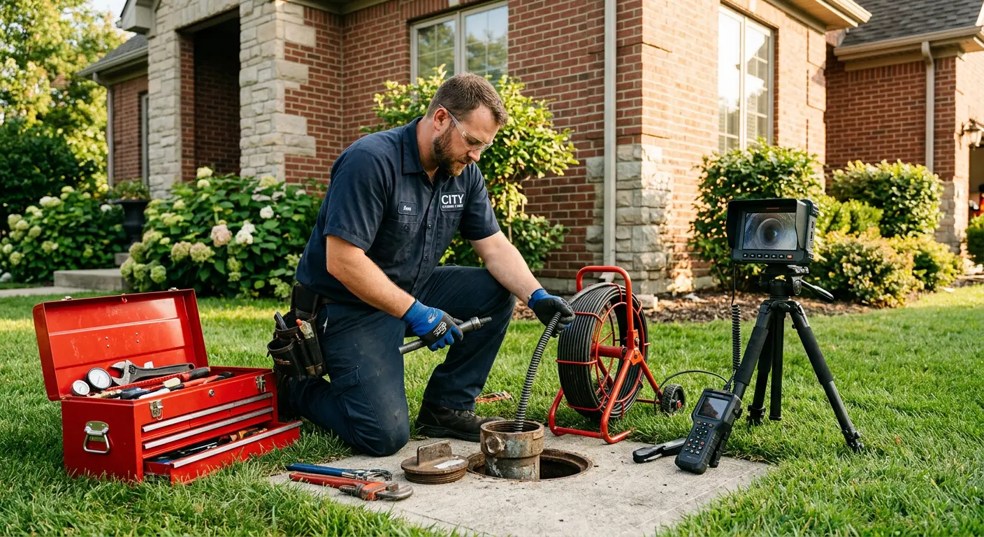 Sewer specialist with camera equipment servicing a cleanout in Swanton