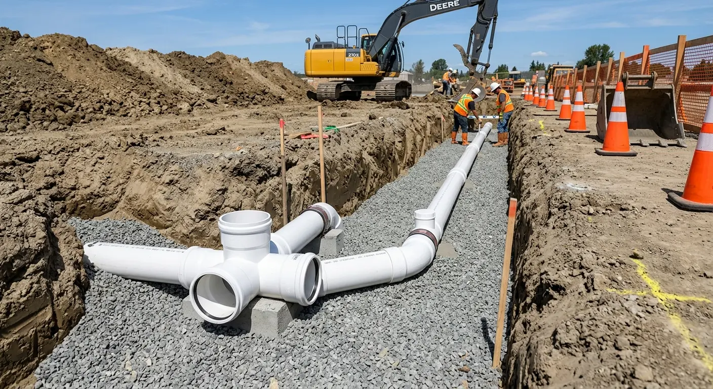 New PVC sewer pipe installation in open trench for Commercial Drain Cleaning in Swanton
