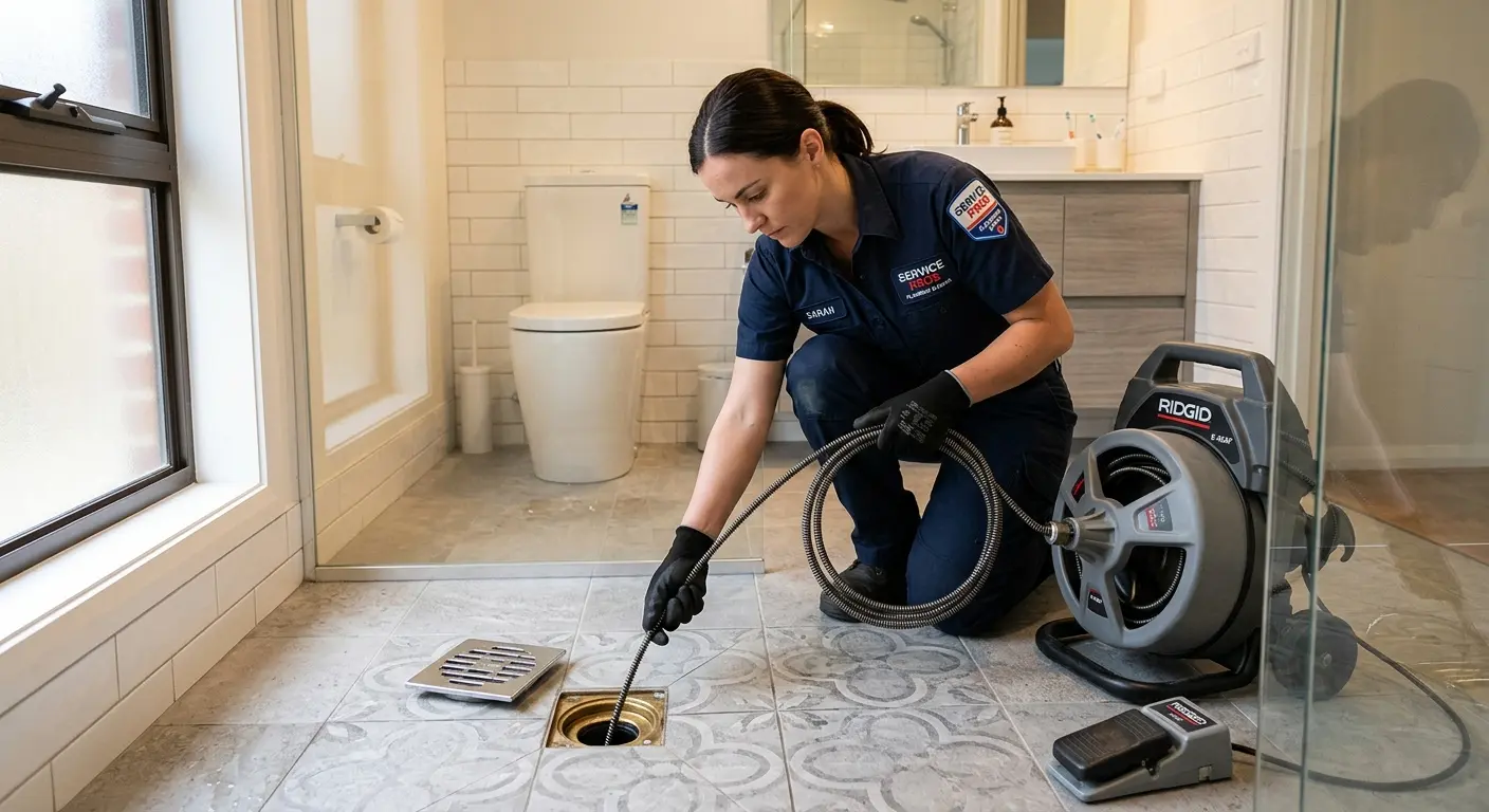 Technician clearing a bathroom floor drain for Hydro Jetting in Swanton